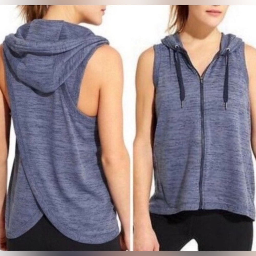 Athleta Blissful Open Back hooded Vest. Blue Gray.